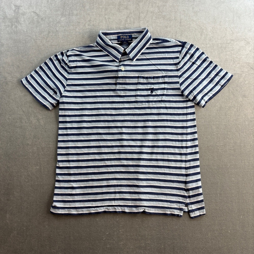 Polo Ralph Lauren Striped Polo Shirt Youth Large 14-16 Blue White Pocket Pony